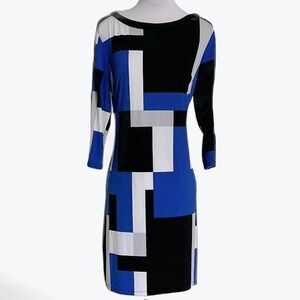 Studio One New York Blue Black Geometric Colorblock Shift Dress Sz 6 3/4 Sleeve